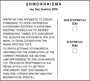 This is the ballot paper for the 2015 Greek bailout referendum, found on the official website of the Greek Ministry of Interior and Administrative Reconstruction. (OXI = No NAI = Yes). Author: Greek Government